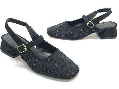 Seribo Taş Detaylı Kısa Topuklu Arkası Açık Kadın Babet Ayakkabı