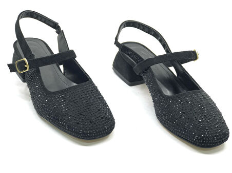 Seribo Taş Detaylı Kısa Topuklu Arkası Açık Kadın Babet Ayakkabı