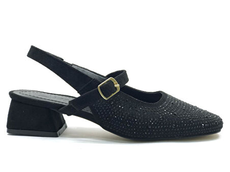 Seribo Taş Detaylı Kısa Topuklu Arkası Açık Kadın Babet Ayakkabı