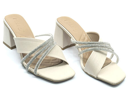 Feles Saten Şerit Desenli Topuklu Kadın Terlik