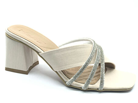 Feles Saten Şerit Desenli Topuklu Kadın Terlik