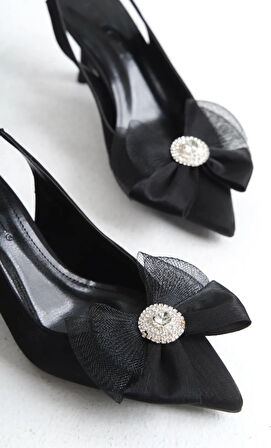 Feles Saten Fiyonk Taş Detaylı Arkası Açık Stiletto Kadın Topuklu Ayakkabı
