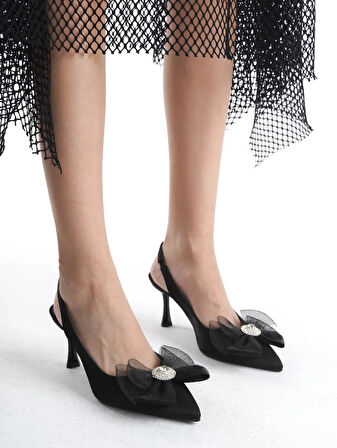 Feles Saten Fiyonk Taş Detaylı Arkası Açık Stiletto Kadın Topuklu Ayakkabı