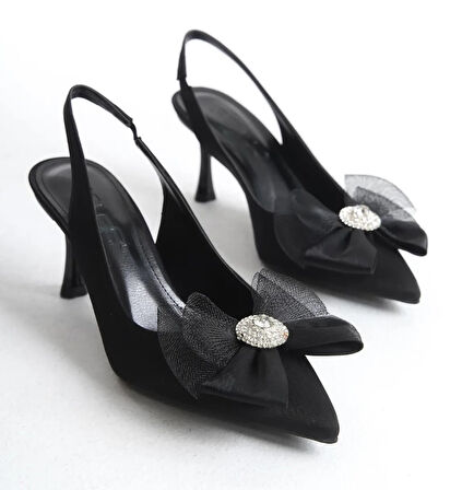 Feles Saten Fiyonk Taş Detaylı Arkası Açık Stiletto Kadın Topuklu Ayakkabı