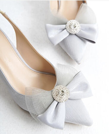 Feles Saten Fiyonk Taş Detaylı Arkası Açık Stiletto Kadın Topuklu Ayakkabı