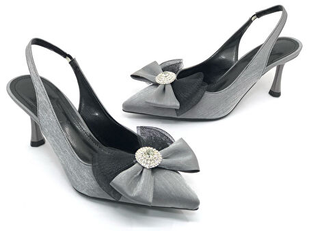 Feles Saten Fiyonk Taş Detaylı Arkası Açık Stiletto Kadın Topuklu Ayakkabı