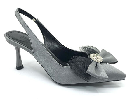 Feles Saten Fiyonk Taş Detaylı Arkası Açık Stiletto Kadın Topuklu Ayakkabı