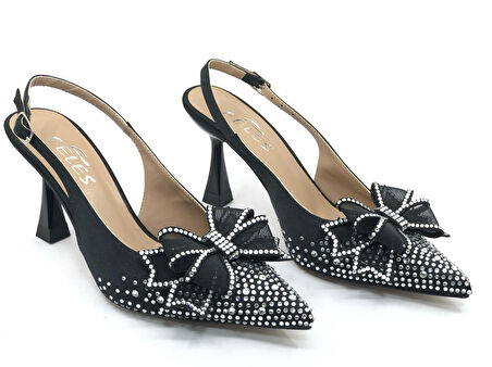 Feles Saten Kurdela Taş Detaylı Arkası Açık Stiletto Kadın Topuklu Ayakkabı