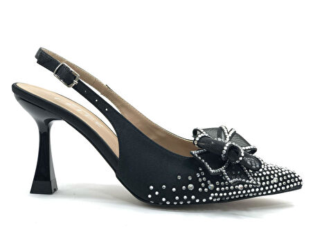 Feles Saten Kurdela Taş Detaylı Arkası Açık Stiletto Kadın Topuklu Ayakkabı