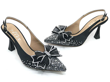 Feles Saten Kurdela Taş Detaylı Arkası Açık Stiletto Kadın Topuklu Ayakkabı