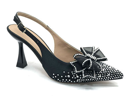 Feles Saten Kurdela Taş Detaylı Arkası Açık Stiletto Kadın Topuklu Ayakkabı