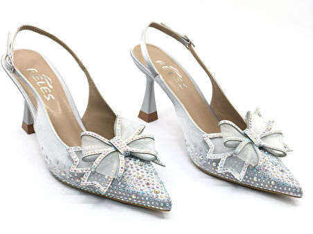 Feles Saten Kurdela Taş Detaylı Arkası Açık Stiletto Kadın Topuklu Ayakkabı