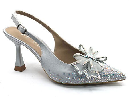 Feles Saten Kurdela Taş Detaylı Arkası Açık Stiletto Kadın Topuklu Ayakkabı