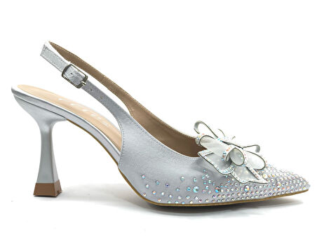 Feles Saten Kurdela Taş Detaylı Arkası Açık Stiletto Kadın Topuklu Ayakkabı