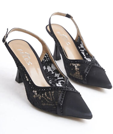 Feles Saten Dantel Taş Detaylı Arkası Açık Stiletto Kadın Topuklu Ayakkabı