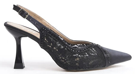 Feles Saten Dantel Taş Detaylı Arkası Açık Stiletto Kadın Topuklu Ayakkabı