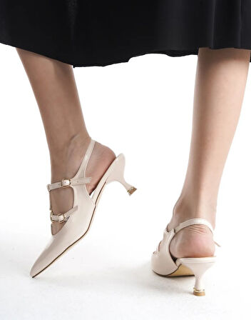 Feles Şeker Topuklu Çift Toka Detaylı Arkası Açık Stiletto Kadın Kısa Topuklu Ayakkabı