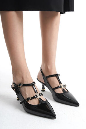 Feles Şeker Topuklu Çift Toka Detaylı Arkası Açık Stiletto Kadın Kısa Topuklu Ayakkabı