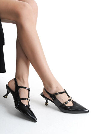 Feles Şeker Topuklu Çift Toka Detaylı Arkası Açık Stiletto Kadın Kısa Topuklu Ayakkabı