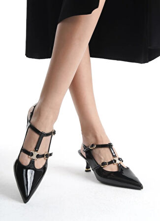 Feles Şeker Topuklu Çift Toka Detaylı Arkası Açık Stiletto Kadın Kısa Topuklu Ayakkabı