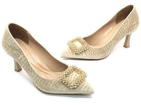 Feles Kadife Taş Toka Detaylı Stiletto Kadın Topuklu Ayakkabı