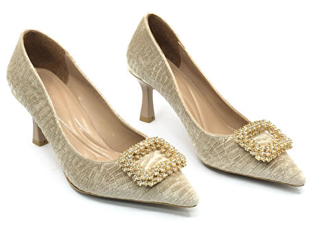 Feles Kadife Taş Toka Detaylı Stiletto Kadın Topuklu Ayakkabı