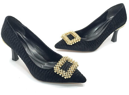 Feles Kadife Taş Toka Detaylı Stiletto Kadın Topuklu Ayakkabı