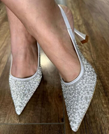 Feles Gelinlik Ayakkabısı Taş Detaylı Arkası Açık Stiletto Kadın Topuklu Ayakkabı