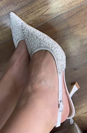 Feles Gelinlik Ayakkabısı Taş Detaylı Arkası Açık Stiletto Kadın Topuklu Ayakkabı