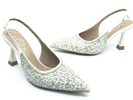 Feles Gelinlik Ayakkabısı Taş Detaylı Arkası Açık Stiletto Kadın Topuklu Ayakkabı