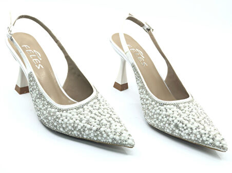 Feles Gelinlik Ayakkabısı Taş Detaylı Arkası Açık Stiletto Kadın Topuklu Ayakkabı