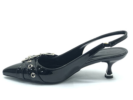 Feles Şeker Topuklu Çift Toka Detaylı Arkası Açık Stiletto Kadın Kısa Topuklu Ayakkabı