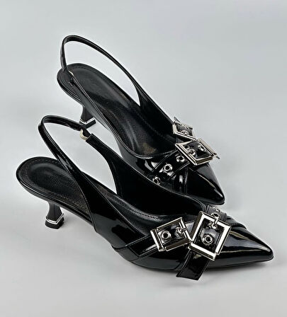 Feles Şeker Topuklu Çift Toka Detaylı Arkası Açık Stiletto Kadın Kısa Topuklu Ayakkabı