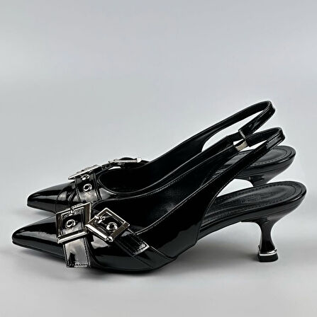 Feles Şeker Topuklu Çift Toka Detaylı Arkası Açık Stiletto Kadın Kısa Topuklu Ayakkabı