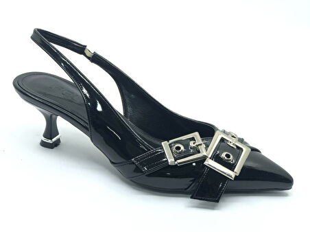 Feles Şeker Topuklu Çift Toka Detaylı Arkası Açık Stiletto Kadın Kısa Topuklu Ayakkabı