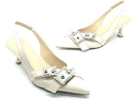 Feles Şeker Topuklu Çift Toka Detaylı Arkası Açık Stiletto Kadın Kısa Topuklu Ayakkabı