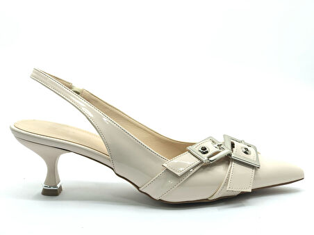 Feles Şeker Topuklu Çift Toka Detaylı Arkası Açık Stiletto Kadın Kısa Topuklu Ayakkabı