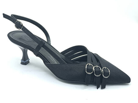 Feles Şeker Topuklu Üç Toka Detaylı Arkası Açık Stiletto Kadın Kısa Topuklu Ayakkabı