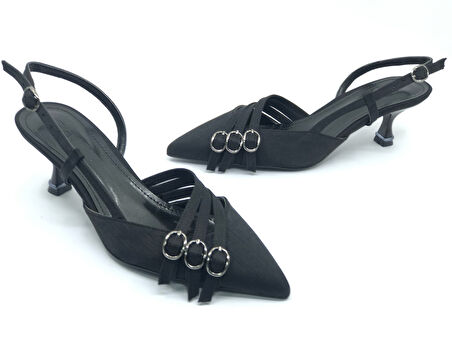 Feles Şeker Topuklu Üç Toka Detaylı Arkası Açık Stiletto Kadın Kısa Topuklu Ayakkabı