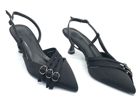 Feles Şeker Topuklu Üç Toka Detaylı Arkası Açık Stiletto Kadın Kısa Topuklu Ayakkabı