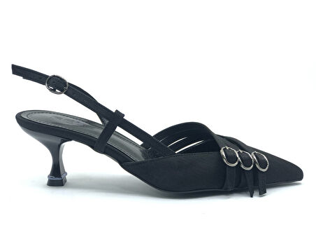 Feles Şeker Topuklu Üç Toka Detaylı Arkası Açık Stiletto Kadın Kısa Topuklu Ayakkabı