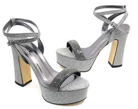 Feles 13 cm Yüksek Platform Tek Bant Topuklu Taşlı Kadın Abiye Ayakkabı