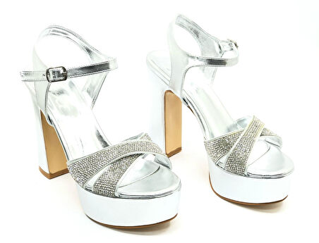 Feles 13 cm Yüksek Platform Çapraz Bant Topuklu Taşlı Kadın Abiye Ayakkabı