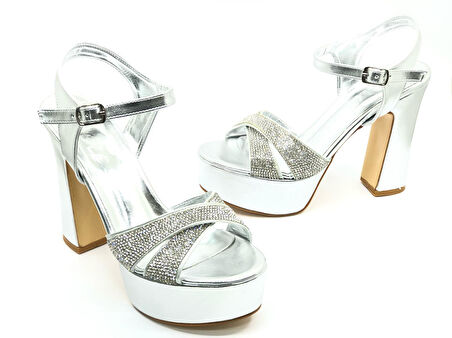 Feles 13 cm Yüksek Platform Çapraz Bant Topuklu Taşlı Kadın Abiye Ayakkabı