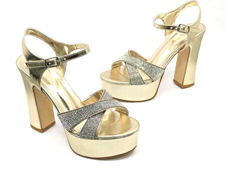 Feles 13 cm Yüksek Platform Çapraz Bant Topuklu Taşlı Kadın Abiye Ayakkabı