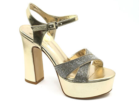 Feles 13 cm Yüksek Platform Çapraz Bant Topuklu Taşlı Kadın Abiye Ayakkabı