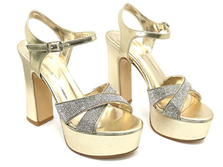 Feles 13 cm Yüksek Platform Çapraz Bant Topuklu Taşlı Kadın Abiye Ayakkabı