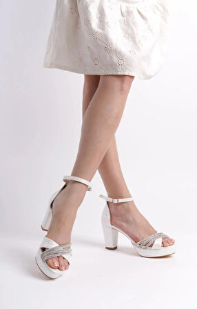 Feles Çapraz Üç Şerit Taşlı 10 cm Platform Topuklu Kadın Abiye Ayakkabı