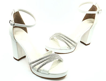 Feles Çapraz Üç Şerit Taşlı 10 cm Platform Topuklu Kadın Abiye Ayakkabı