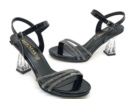 İremsu Üç Şerit Şerit Taş Detaylı 8 cm Şeffaf Topuklu İnce Platform Kadın Abiye Ayakkabı